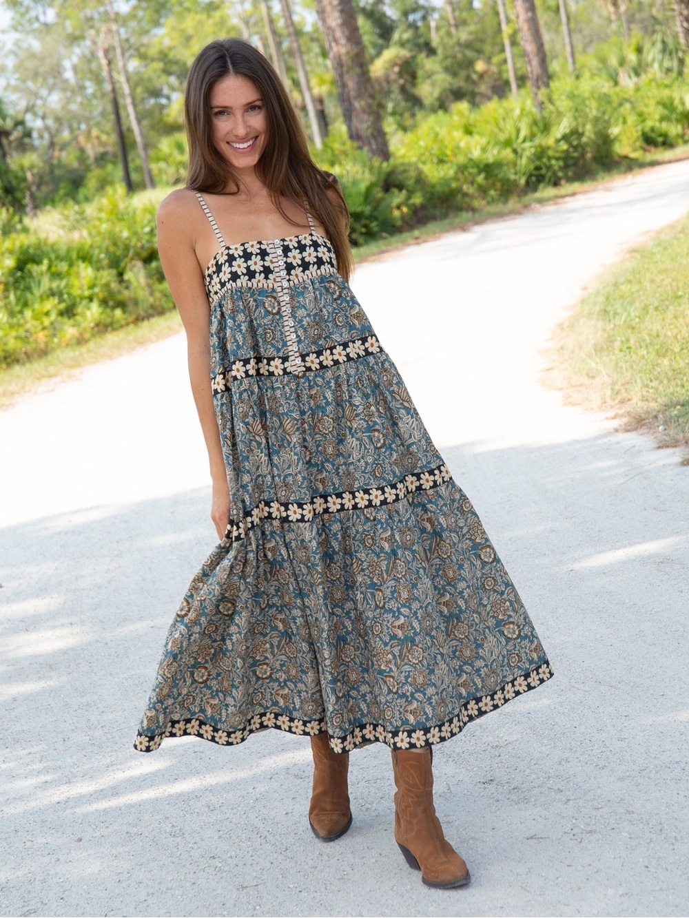 Natural Life Floral Daisy Mixed Print Maxi Dress Boho Size Medium